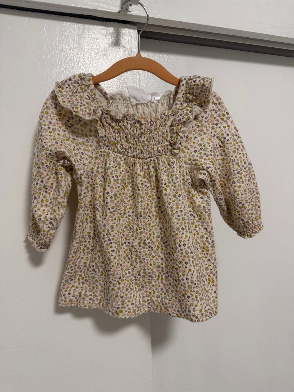 Zara Cream Floral Smocked Ruffle-Collar Blouse